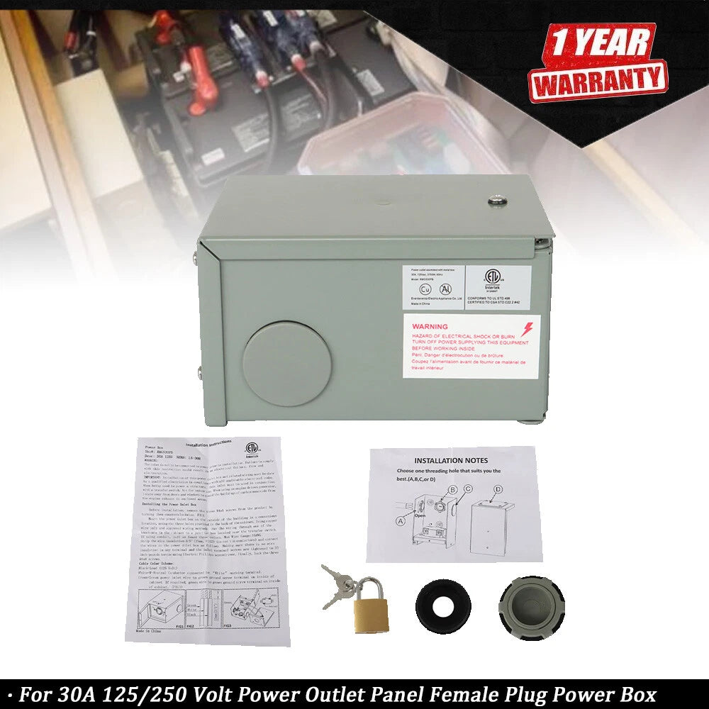 30 Amp RV Generator Inlet Box for NEMA L5-30R (125/250 Volt)