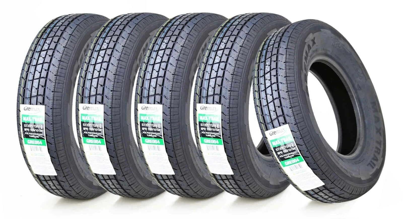 Set of 5 GREMAX ST205/75R14 Trailer Tires 8 Ply LRD 105/101M