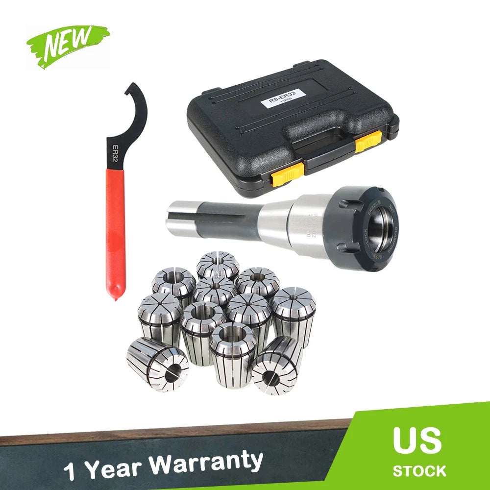 11PC ER32 Collet Set with Shank & Spanner for Milling Machine R8
