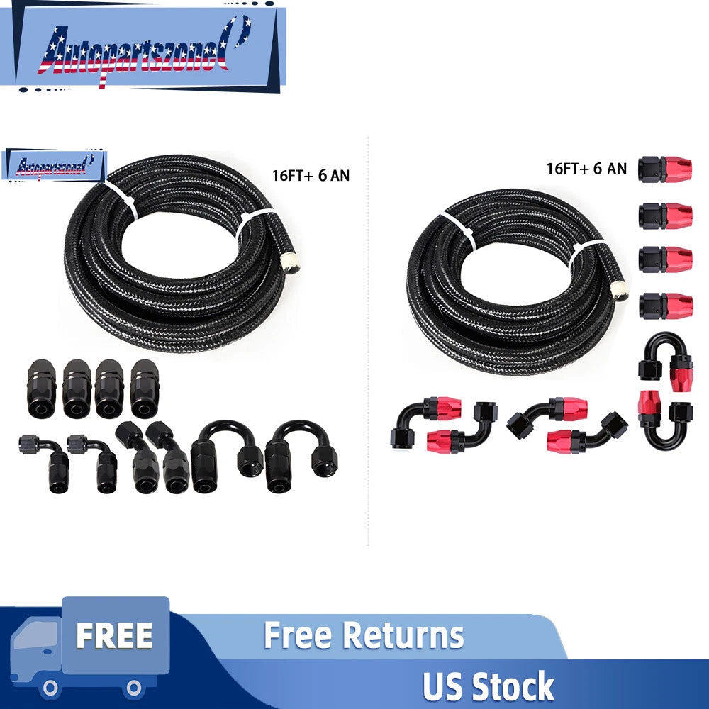 6AN Fitting Stainless Steel Nylon Braided Fuel Hose Line 16FT Kit for