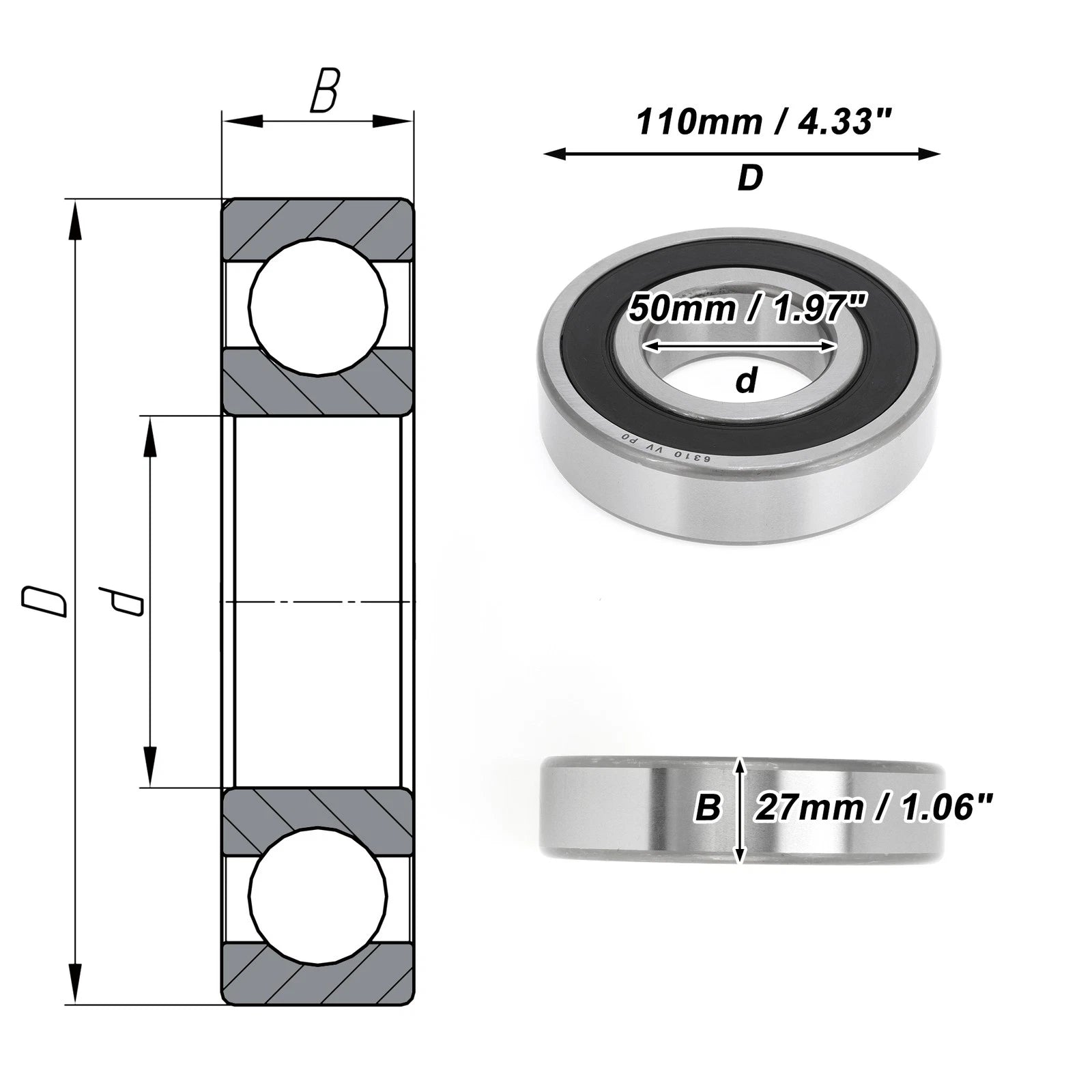 Deep Groove Ball Bearing 6310VV for Scooter Skateboard (50x110x27mm)