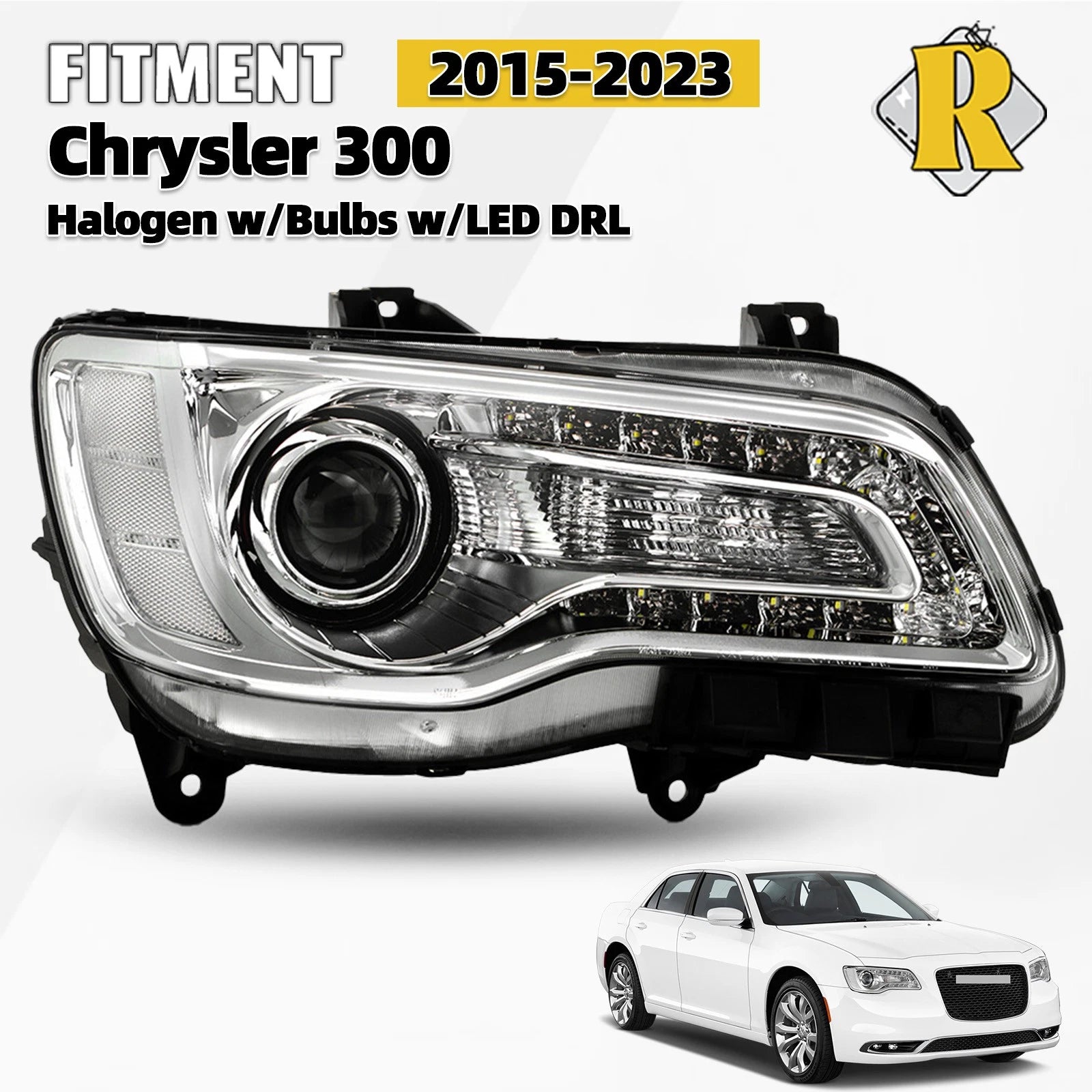 Chrome Halogen Headlight with LED DRL Projector for Chrysler 300 (2015–2023)