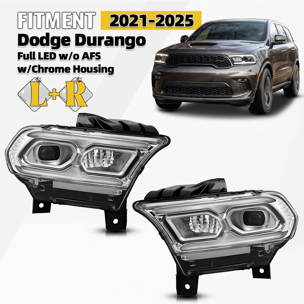Set of 2 Chrome Full LED Headlights for Dodge Durango (2021–2025)