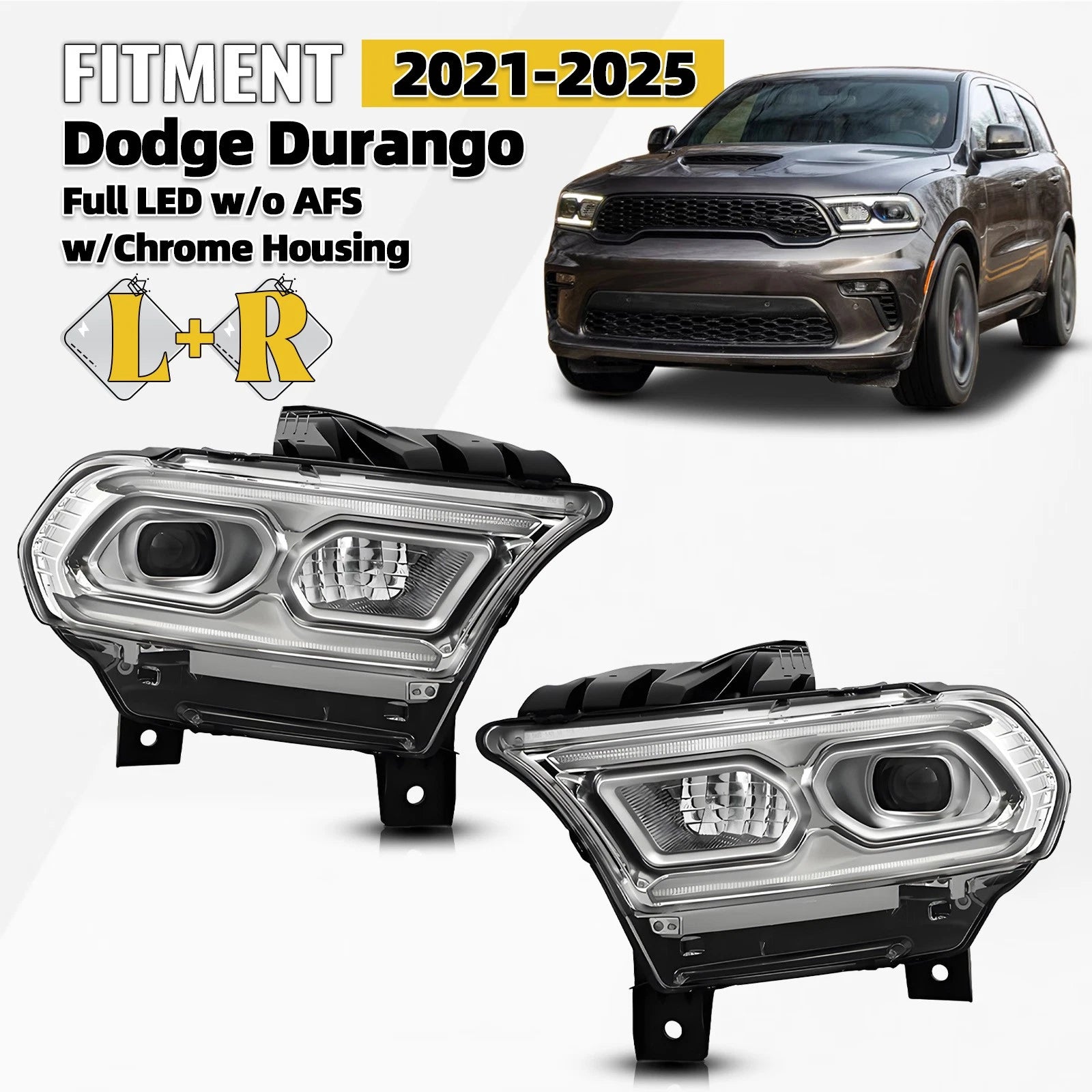 Set of 2 Chrome Full LED Headlights for Dodge Durango (2021–2025)
