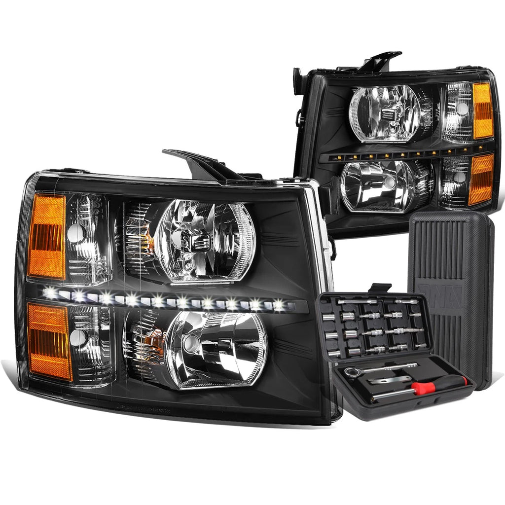 LED DRL Bar Black Amber Side Headlights for Chevy Silverado (2007–2014)