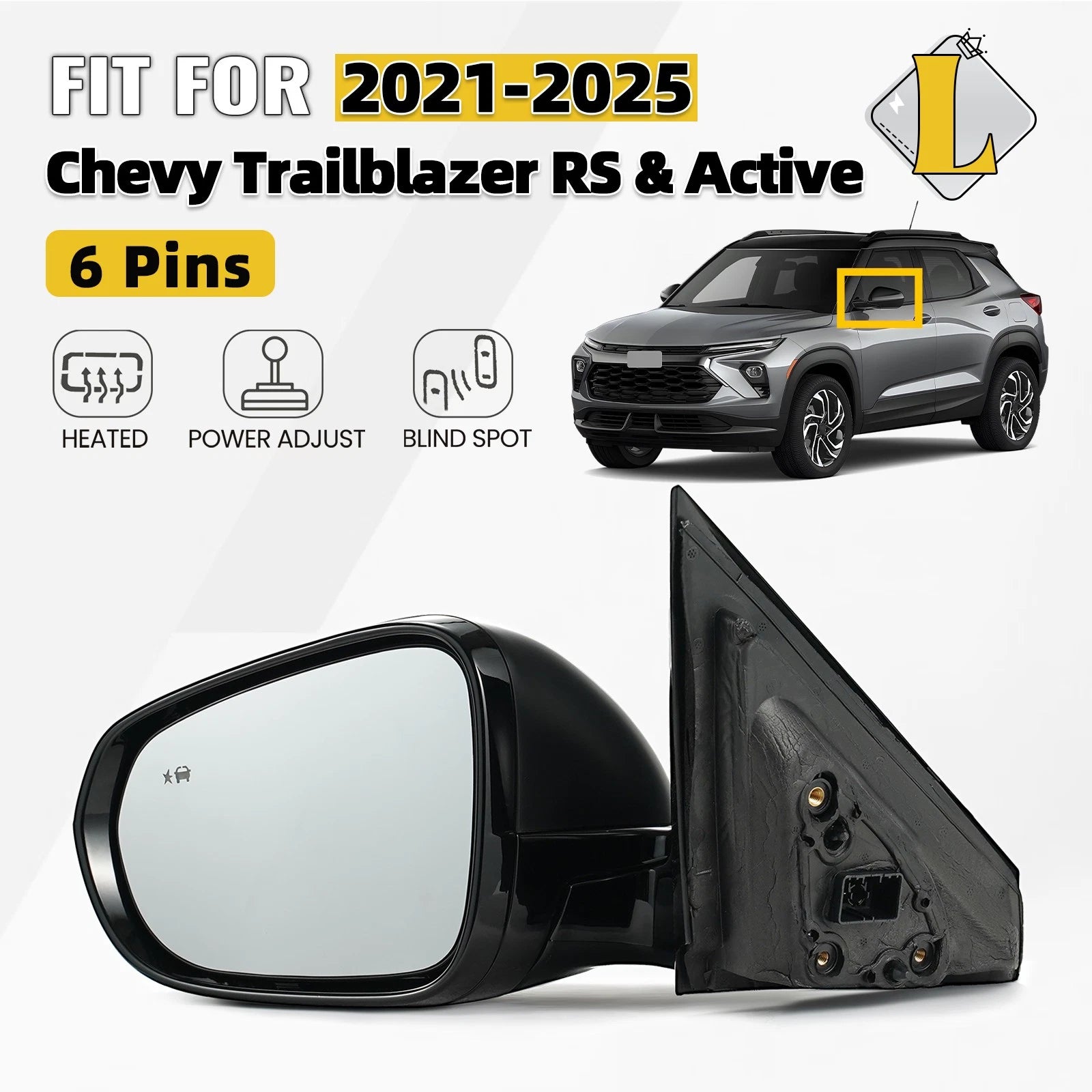 Left Side Mirror for Chevy Trailblazer RS/Active (2021–2025) W/Heated & BSD 6 Pins