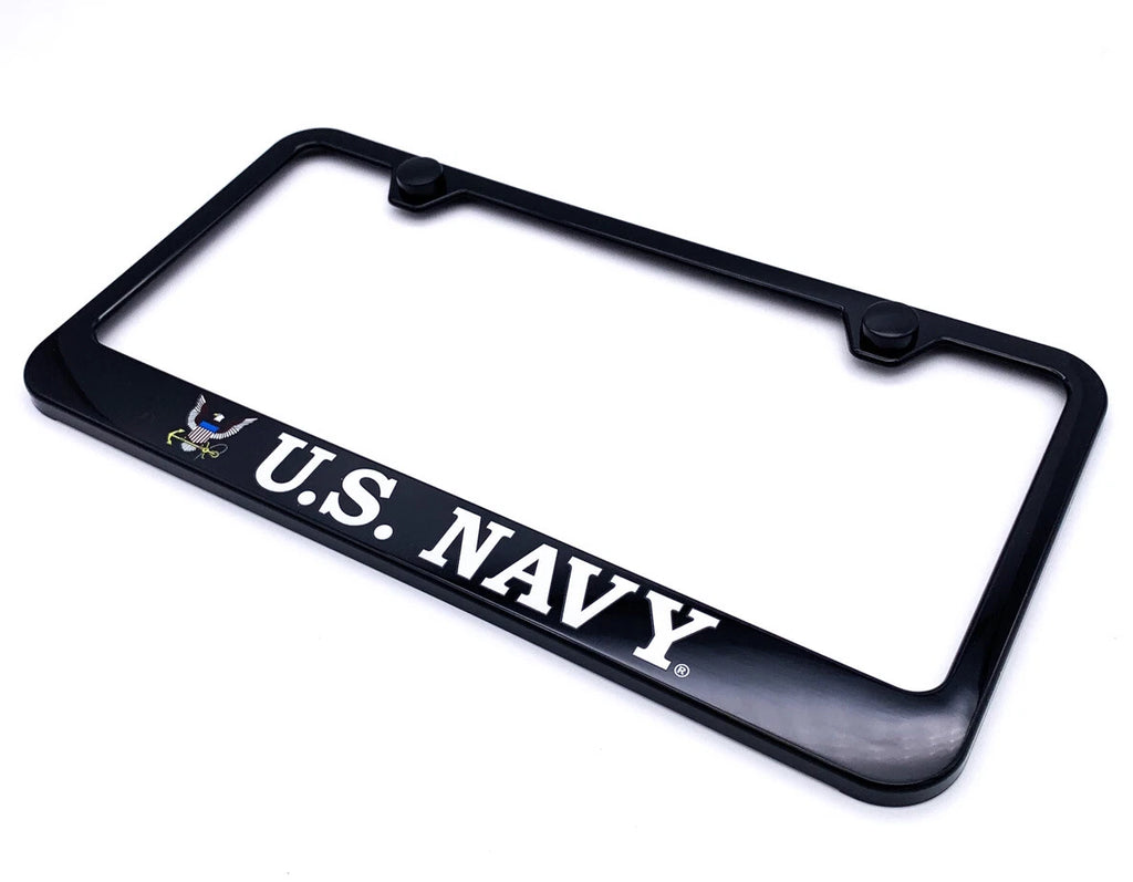 License Plate Frame Black Plastic US Navy Script for Universal Fit (Any Year)