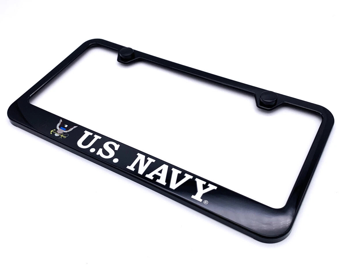License Plate Frame Black Plastic US Navy Script for Universal Fit (Any Year)
