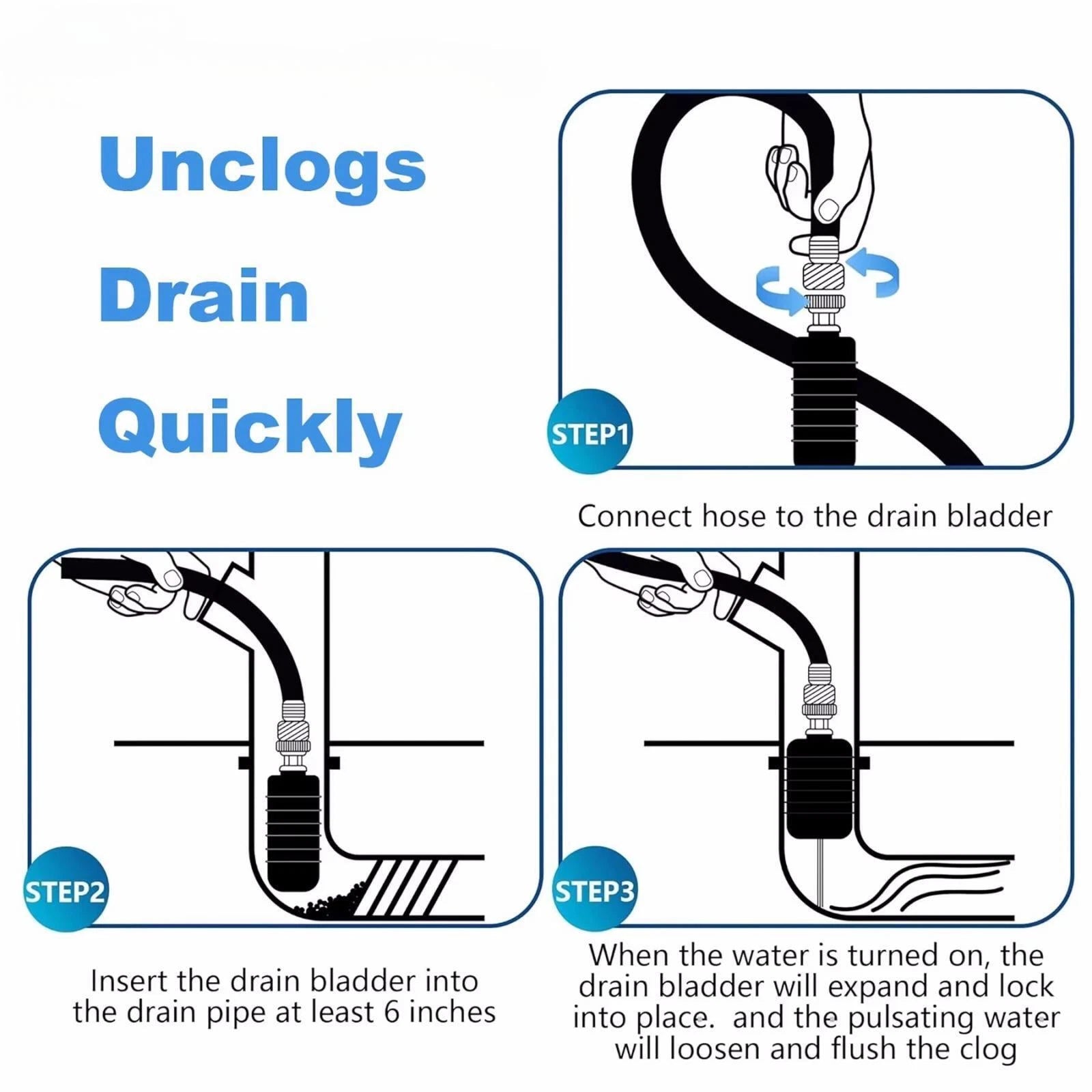 3X Rubber Drain Bladder Unclog Tool for Bathroom Sink Shower Drain (1"–6")