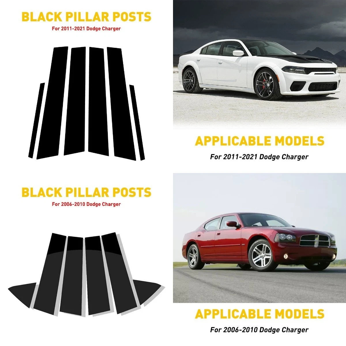 6pc Piano Black Pillar Posts for Dodge Charger (2011–2021)