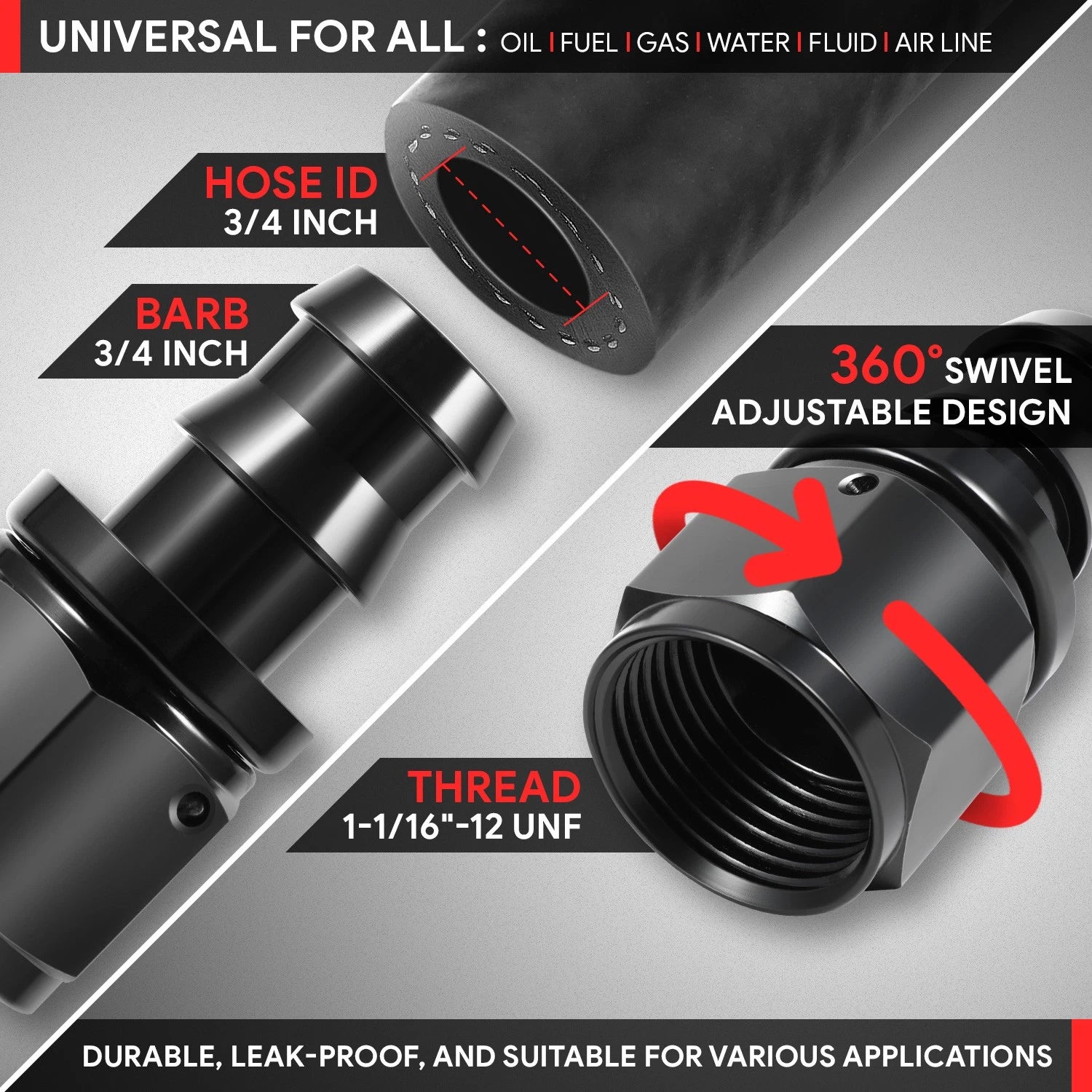 12AN to 3/4" Barb T6061 Straight Push Lock Hose End Fittings (Universal)