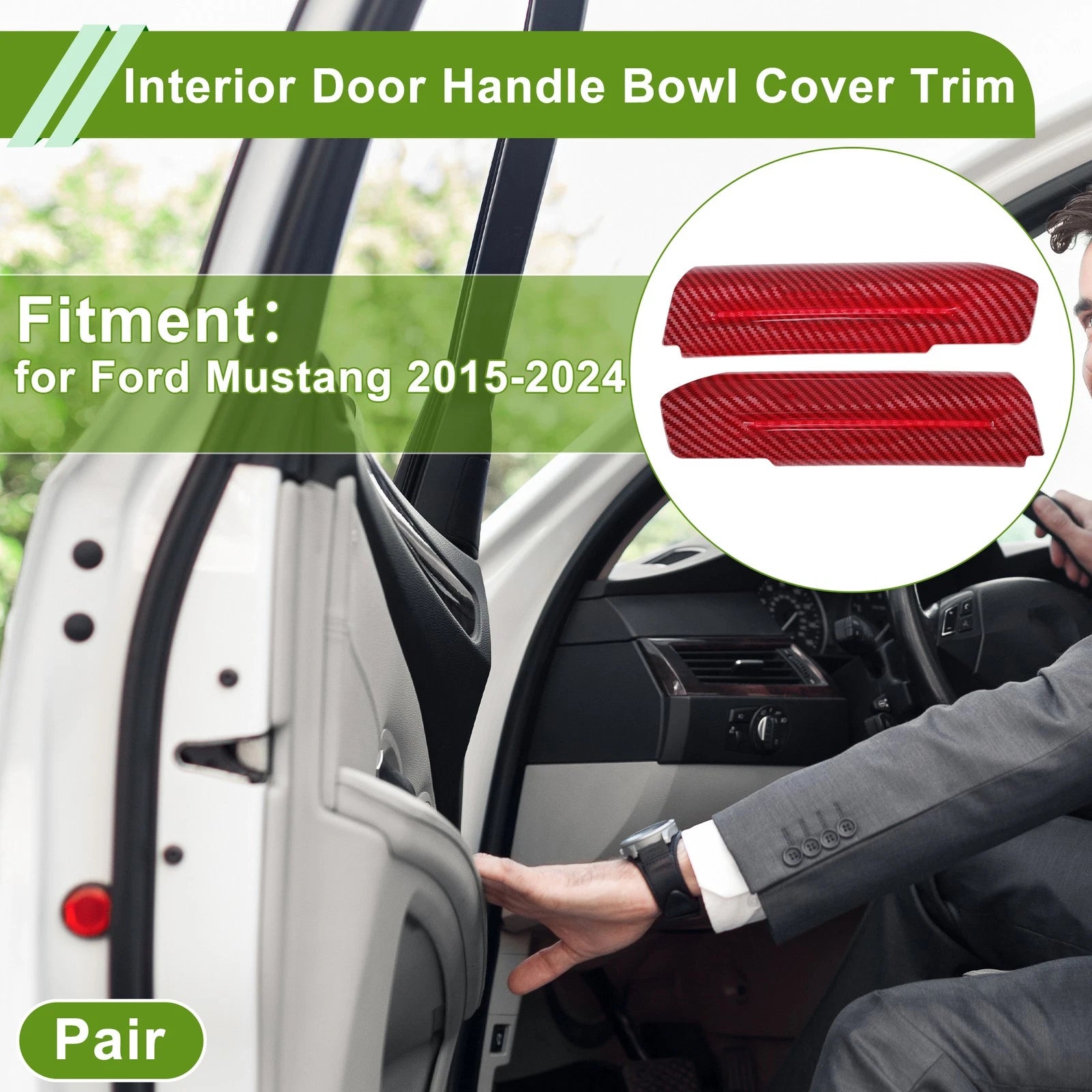 Interior Door Handle Bowl Cover Trim for Ford Mustang (2015–2024) Carbon Fiber Red