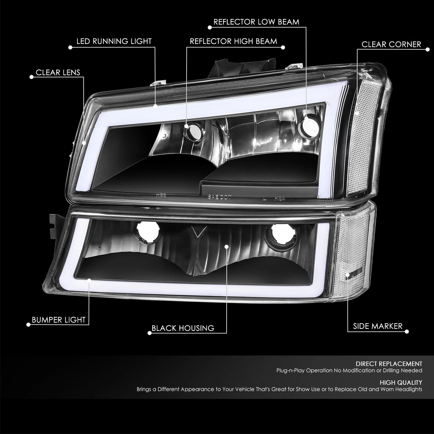 LED DRL Tube Headlight & Bumper Lamp for Silverado 1500 3500 Avalanche (2003–2007)