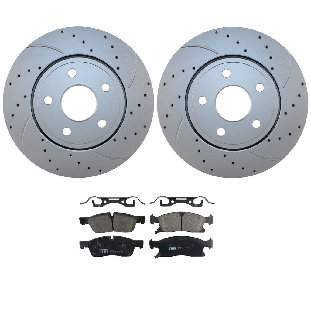 Front Brake Kit Set of 4 for Dodge Jeep (330mm Drilled Rotors, TRW Pro Ceramic Pads)