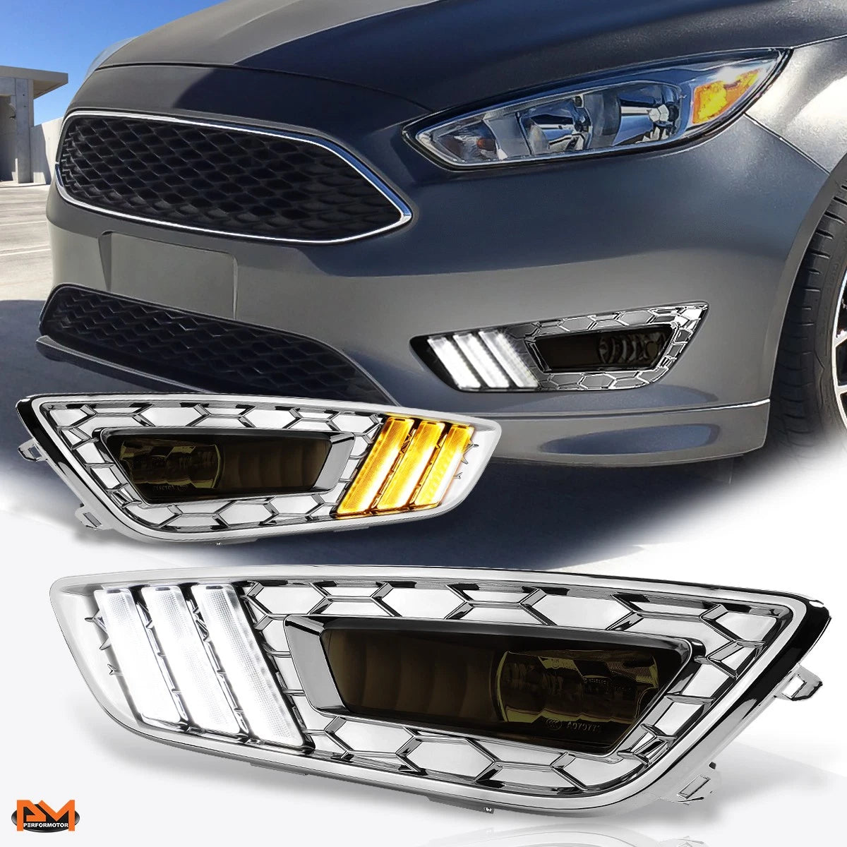 Set of 2 Smoked Lens Fog Lights + Chrome LED DRL Bezel for Ford Focus (2015–2017)