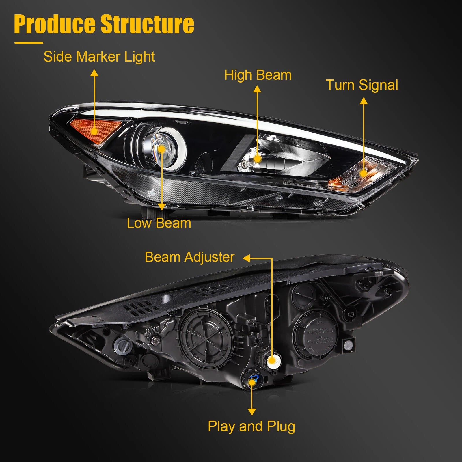 Headlamp Pair for Hyundai Tucson (2016–2018) with Bulbs