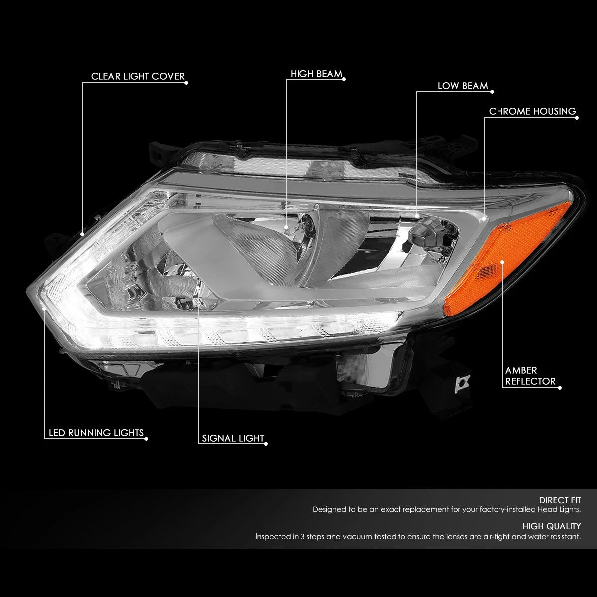 Chrome Housing Amber Side LED DRL Headlights for Rogue (2014–2016)