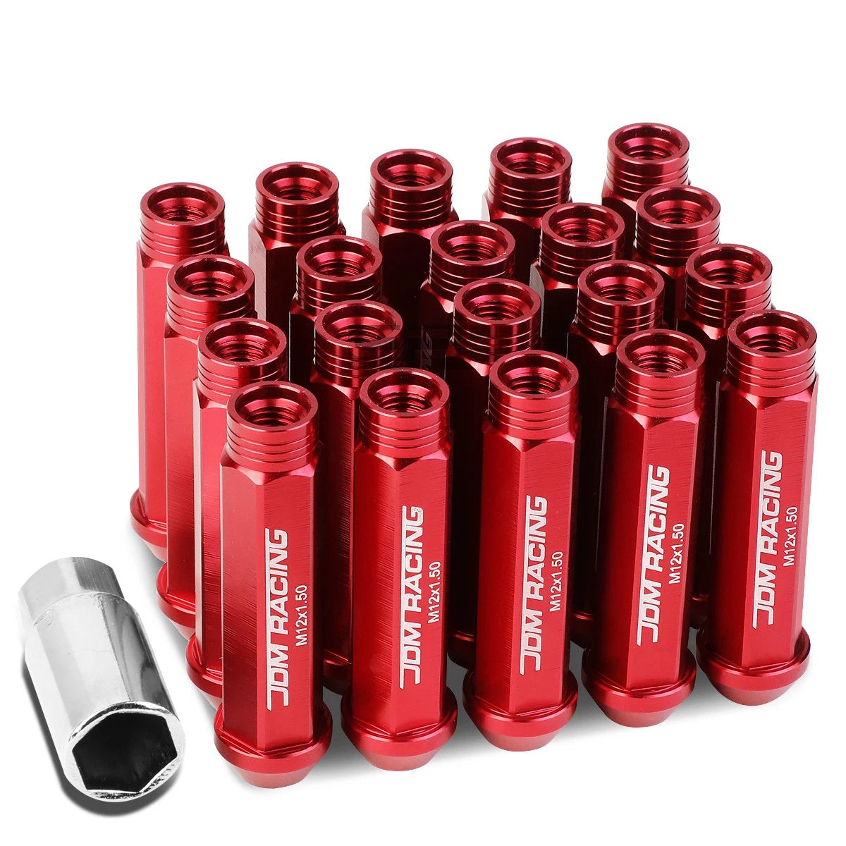 20x Open End M12x1.5 90mm Tall Red Aluminum Lug Nuts + Adapter