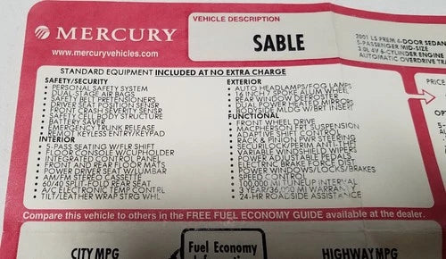 Original Dealer Window Sticker for Mercury Sable (2001)