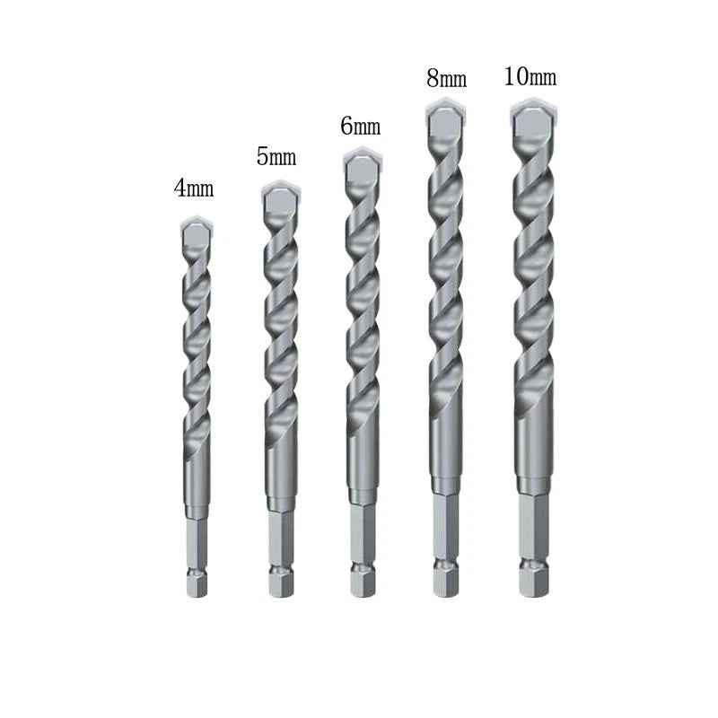Set of 5 Carbide Drill Bits (4mm, 5mm, 6mm, 8mm, 10mm) Hex Shaft for Concrete