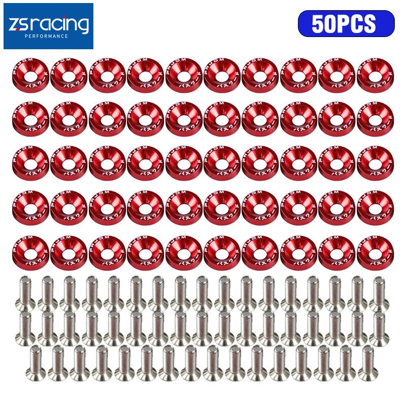 50Pcs Red JDM Billet Aluminum Fender Washer Kit for Engine Bay Dress Up