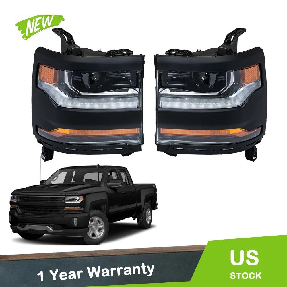 Pair HID Xenon Headlight Headlamp w/ LED for Chevy Silverado 1500 (2016–2018)
