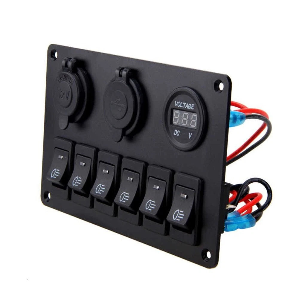 6 Gang Switch Panel with USB Voltmeter for Car Boat Marine RV Truck