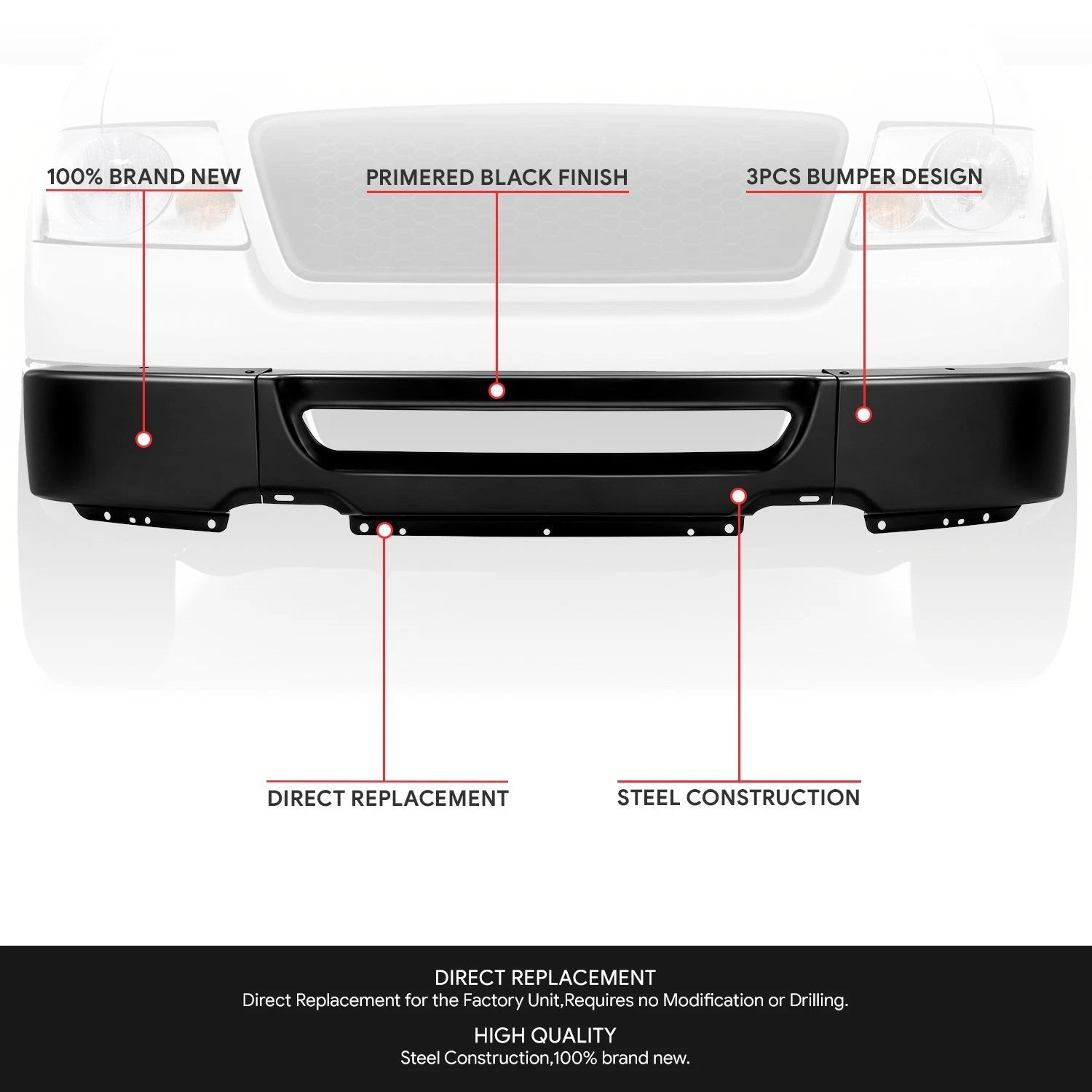 Front Bumper Face Bar for Ford F-150 (2006–2008) Primered Black w/o Fog Light Holes