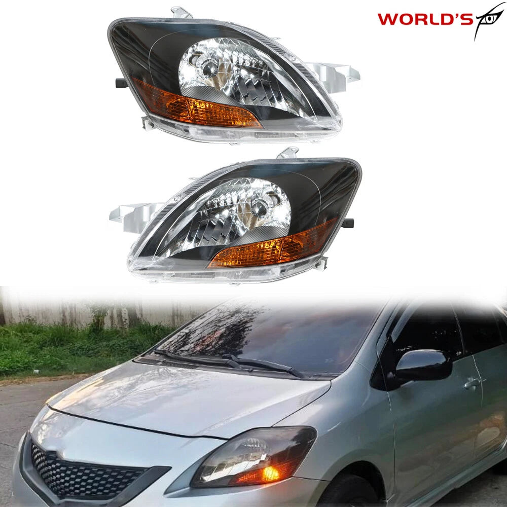 Headlight Pair for Toyota Yaris (2007–2012) Black Housing Halogen