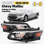 Halogen Headlight Assembly Pair for Chevy Malibu (2016–2018) LH+RH Black