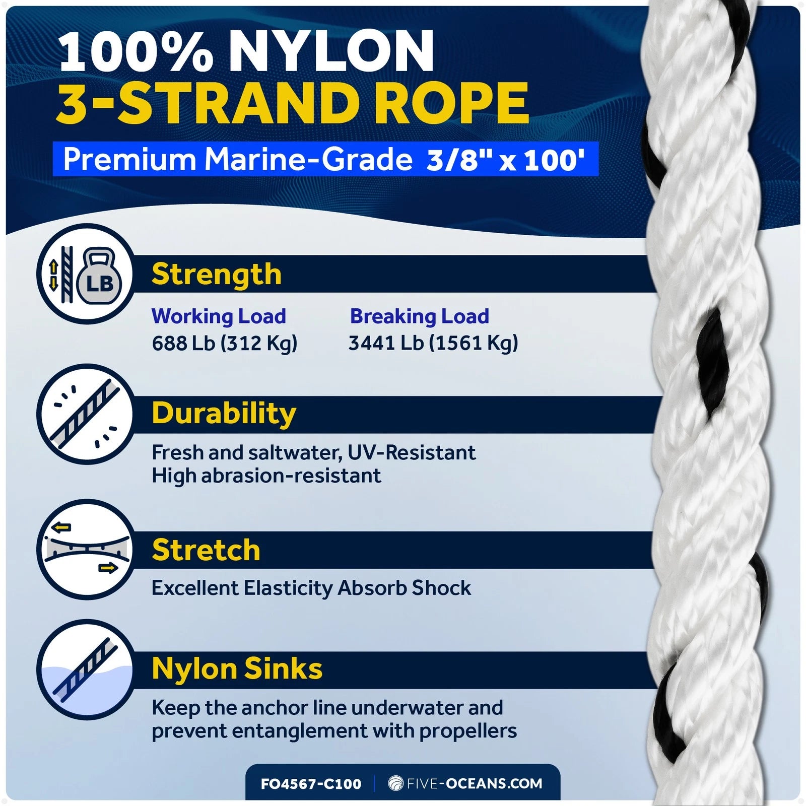 3/8 inch Rope Line 100 ft with Thimble & Shackle for Automotive Use