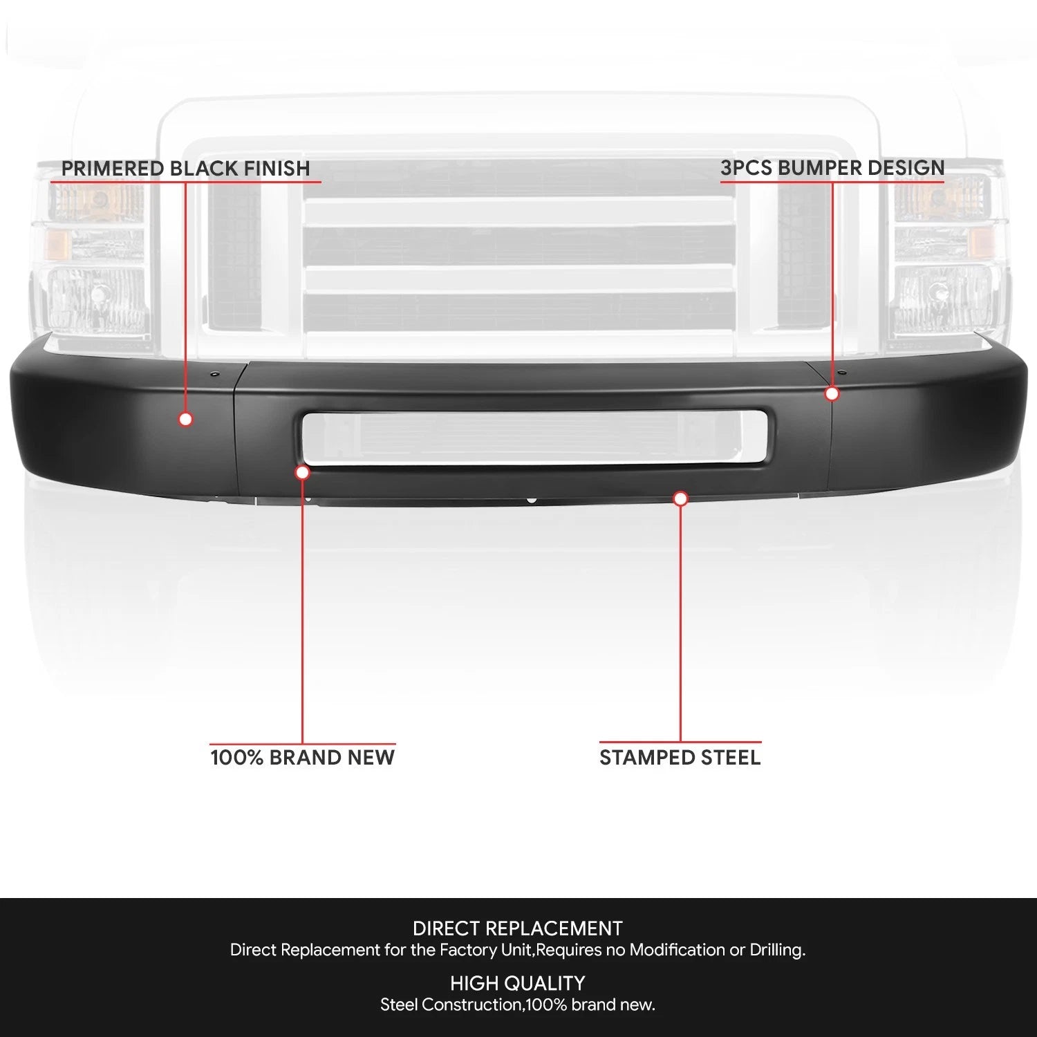 3-Piece Front Bumper Face Bar for Ford E-150 E-350 E-450 (2008–2019)