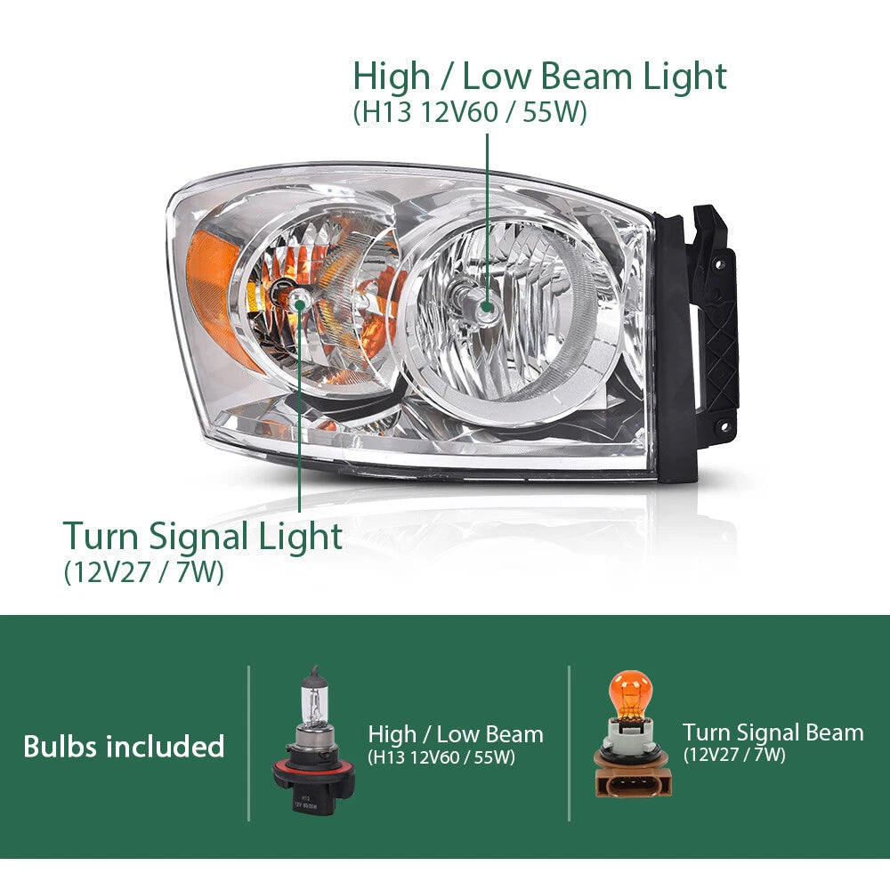 Set of 2 Headlights for Dodge Ram 1500 2500 3500 (2006–2008)