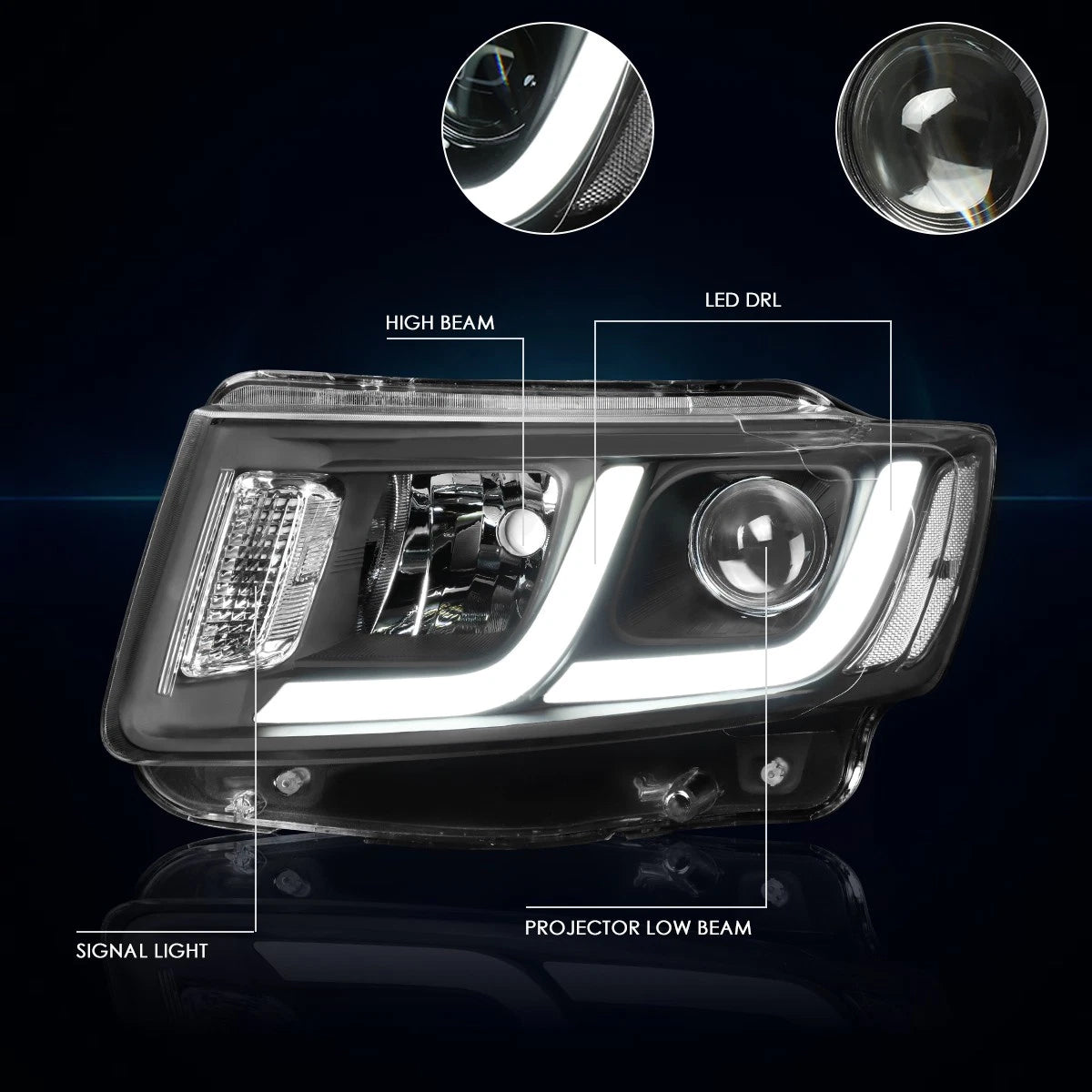 LED DRL Bar Projector Headlights for Jeep Grand Cherokee (2014–2016)
