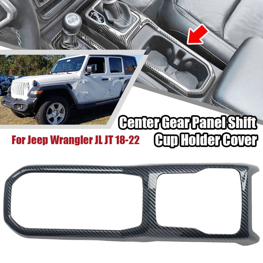 Carbon Look Center Gear Panel Shift Cup Holder Cover for Jeep Wrangler JL JT (2018–2023)