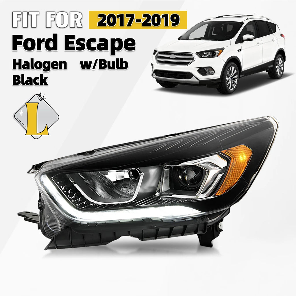 Halogen Headlight for Ford Escape (2017–2019) Black w/LED DRL, Driver Side