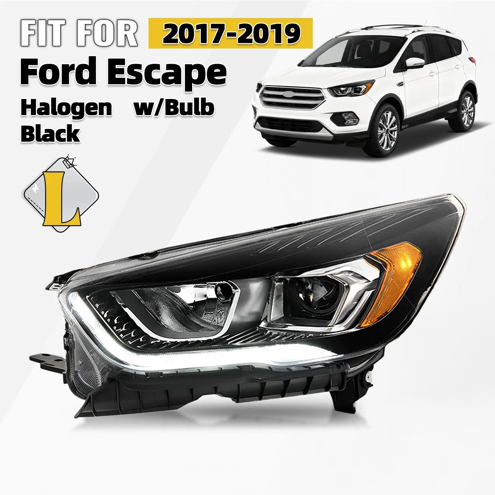 Halogen Headlight for Ford Escape (2017–2019) Black w/LED DRL, Driver Side