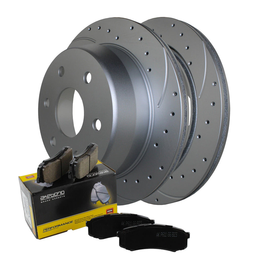Rear Brake Kit Set of 4 Drilled 325mm Disc Rotors & Akebono Pads for Chevy GMC