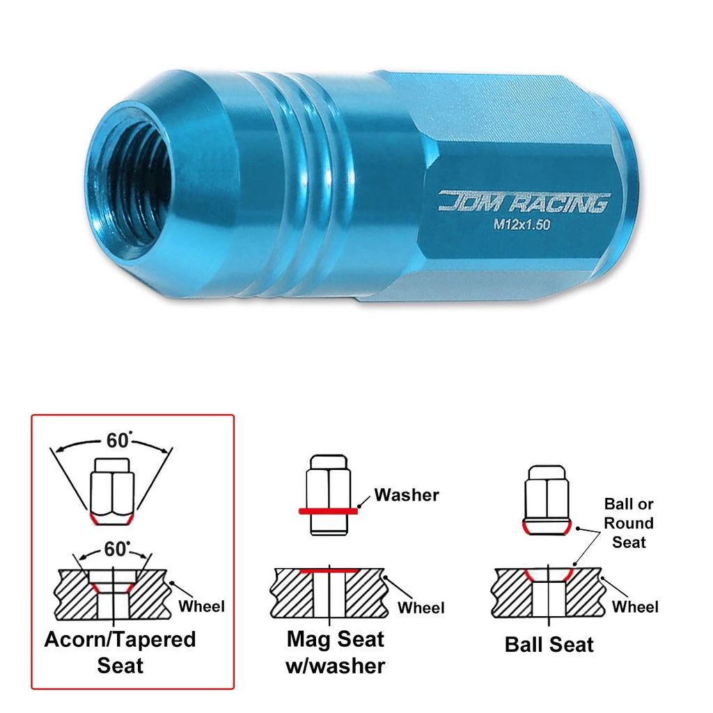 Set of 20 M12X1.5 Sky Blue JDM Closed End Cone Hex Wheel Lug Nuts + Extension 20mm x 50mm