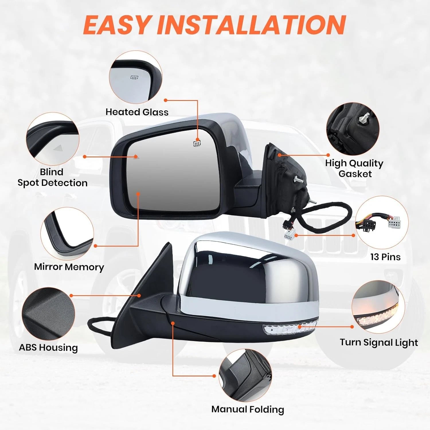 Driver Side Mirror for Jeep Grand Cherokee (2011–2022) - Manual Folding, Blind Spot