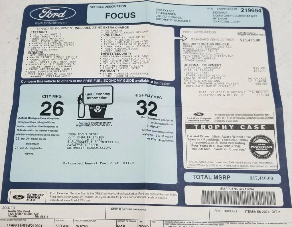Original Dealer Window Sticker for Ford Focus ZX3 (2006)