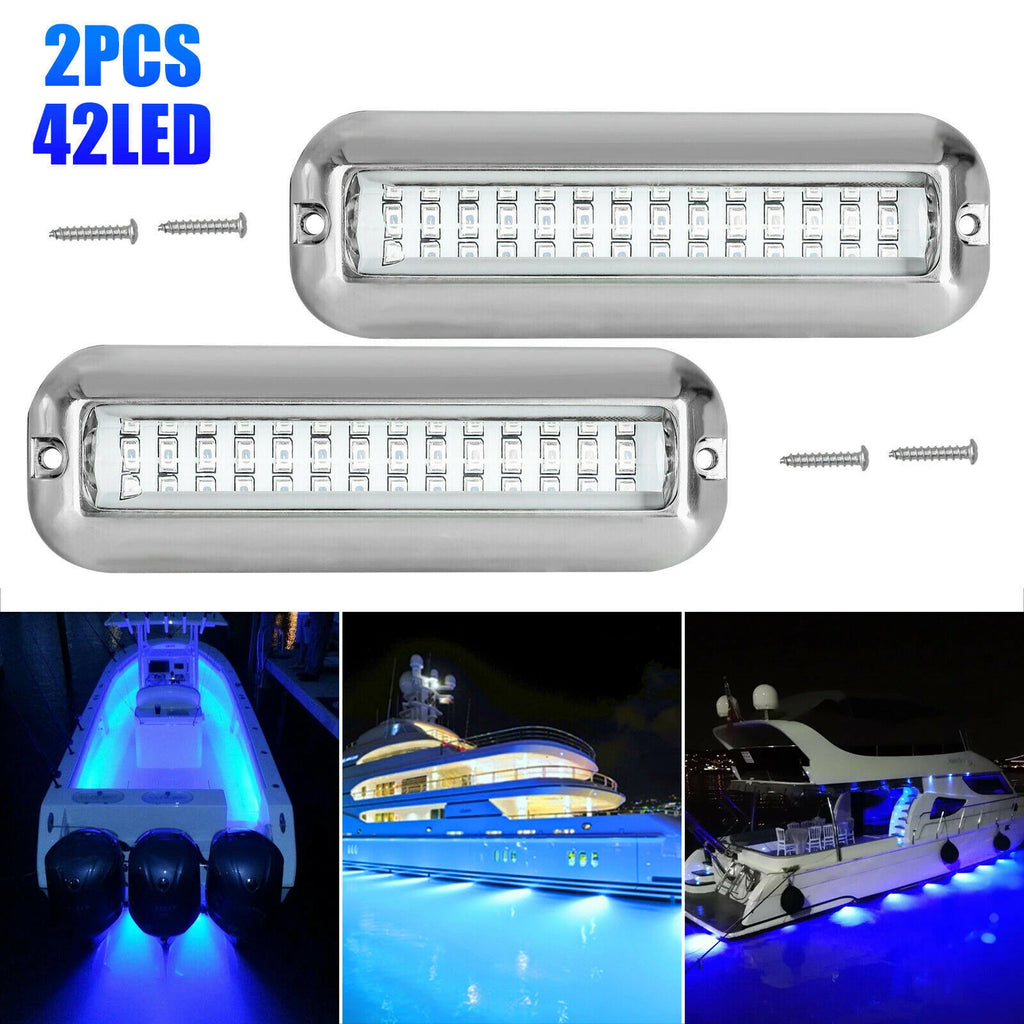 2X LED Blue Underwater Transom Lights for Pontoon (316 Stainless Steel)