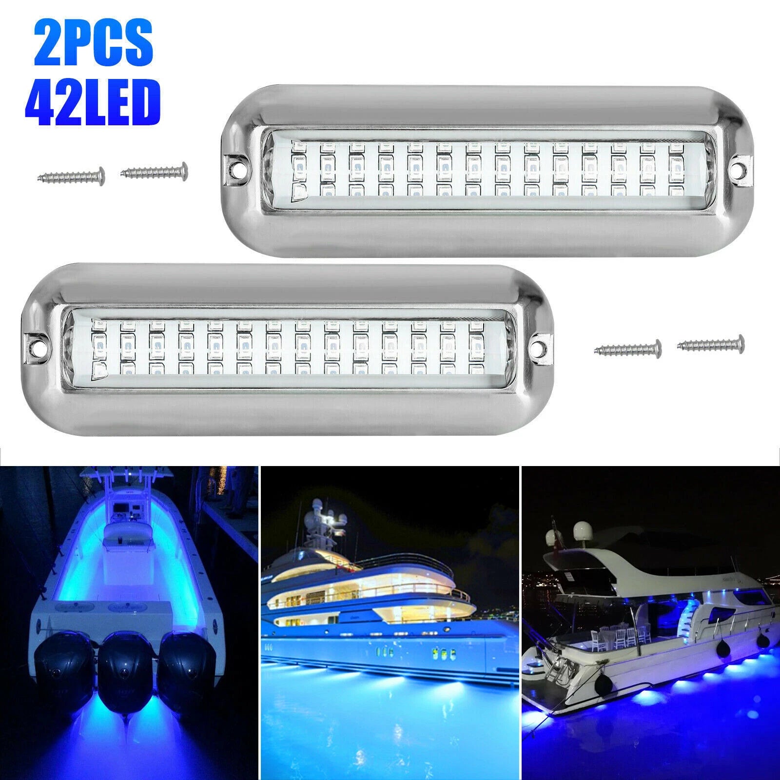 2X LED Blue Underwater Transom Lights for Pontoon (316 Stainless Steel)