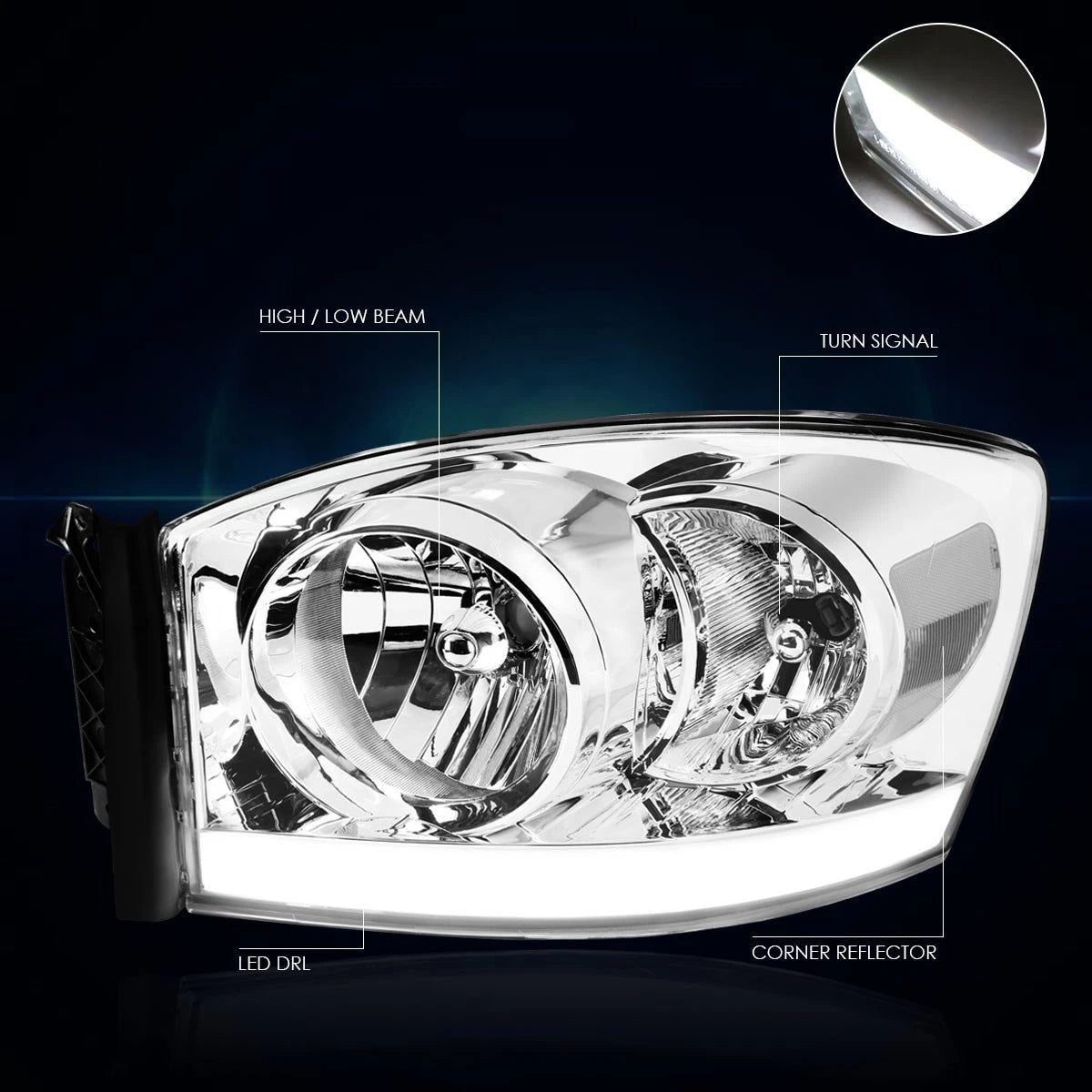 Chrome Housing Clear Corner Headlight with LED DRL for Dodge RAM Pickup (2006–2009)