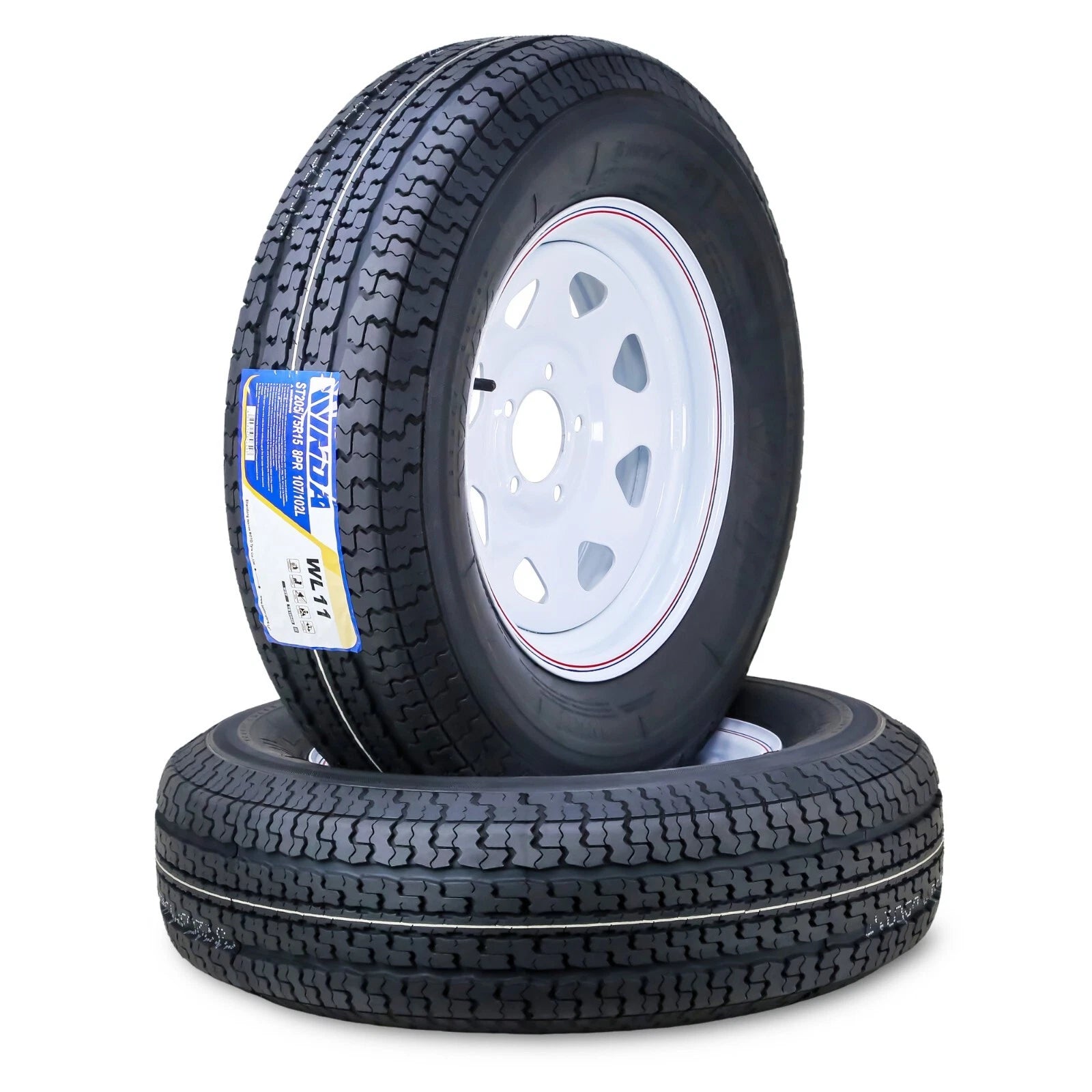 2 WINDA Trailer Tires ST205/75R15 8-Ply D 107M 5 Lug 5" PCD White Spoke