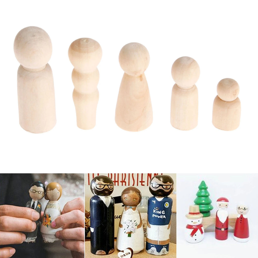10pcs Unpainted Wooden Peg Dolls Family Figures for Creative Play