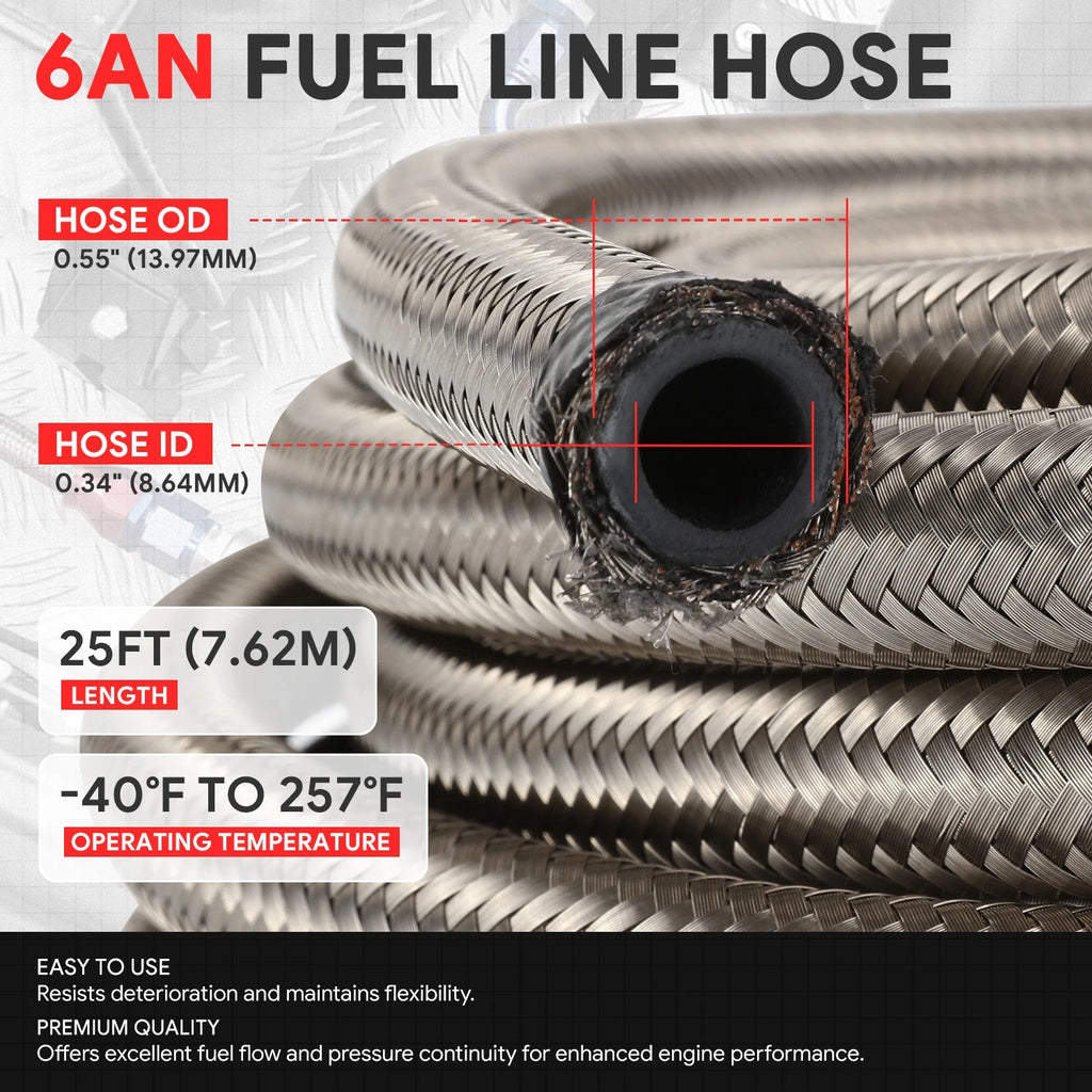 J2 6AN Stainless Steel Braided Fuel Line Tube Oil Hose Kit 25FT