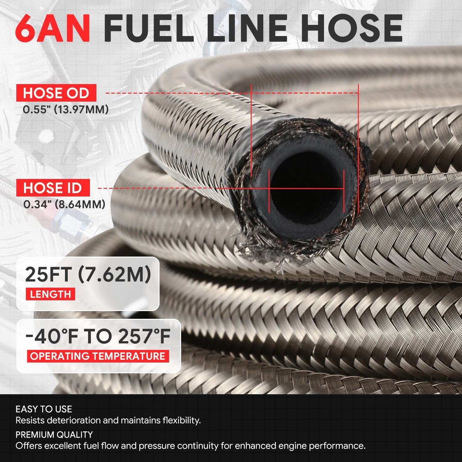 J2 6AN Stainless Steel Braided Fuel Line Tube Oil Hose Kit 25FT
