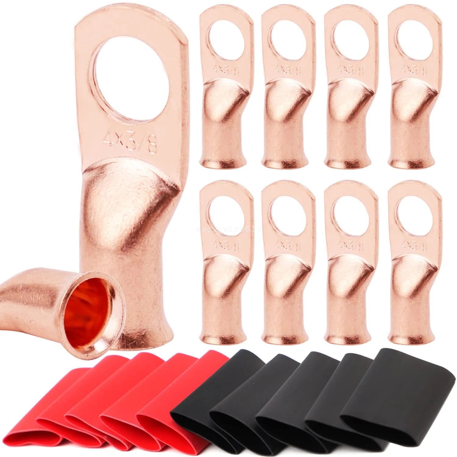 10X 4 AWG 3/8" Stud Battery Cable Lugs Copper Connectors with Heat Shrink Tubing