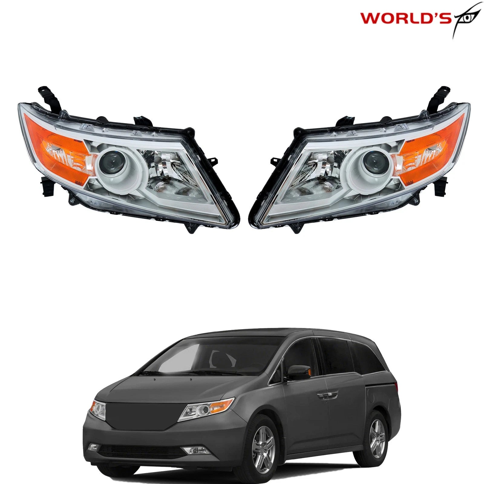 Set of 2 Halogen Headlights for Honda Odyssey (2011–2017) Chrome Amber